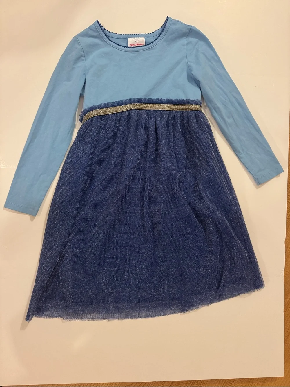 Hanna Andersson Girls Light Blue & Navy Sparkle Tulle Dress Size 6-7